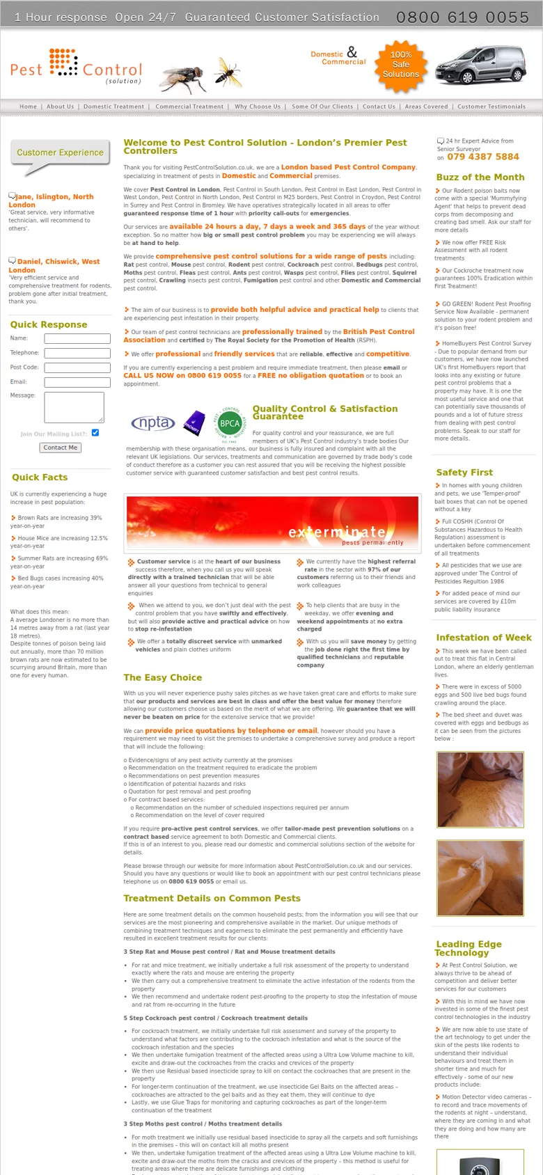 The old Pest Control Solution website on a phone: a tiny desktop page from 2008 you have to pinch to read